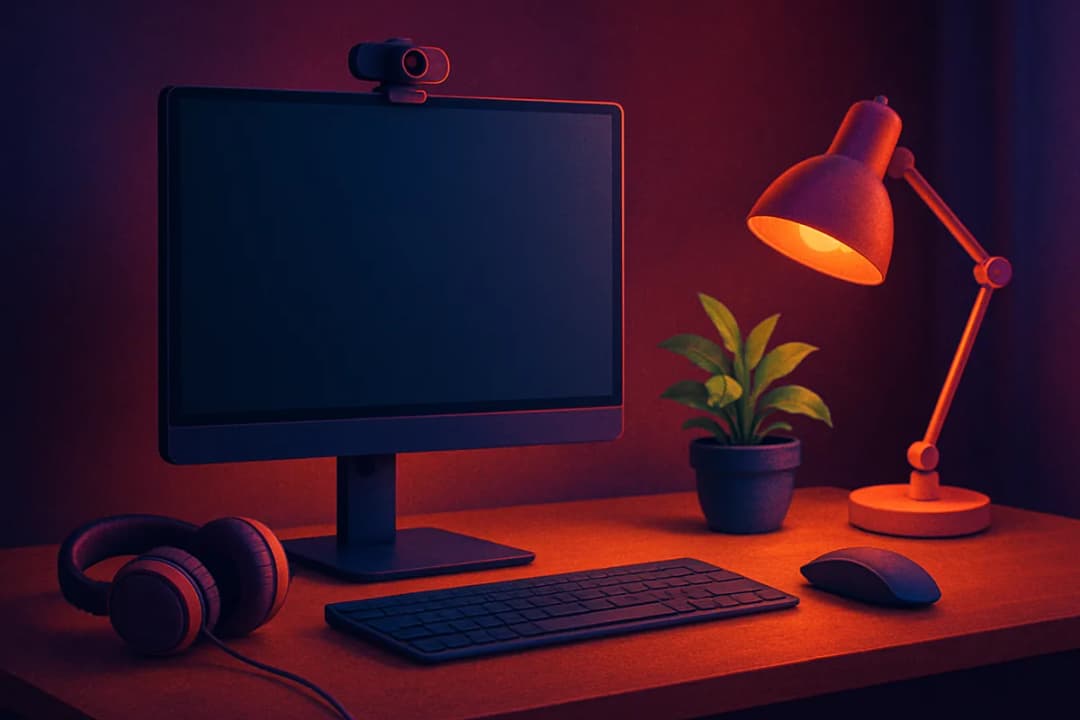 Düzenli bir ev ofisi masasında monitör, kablosuz klavye ve fare, web kamerası, kulaklık, masa lambası ve bitki