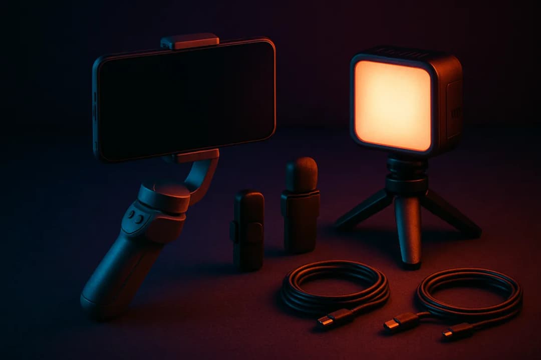 Karanlık bir masada telefon gimbalı, yaka mikrofonları, küçük bir LED ışık ve mini tripod
