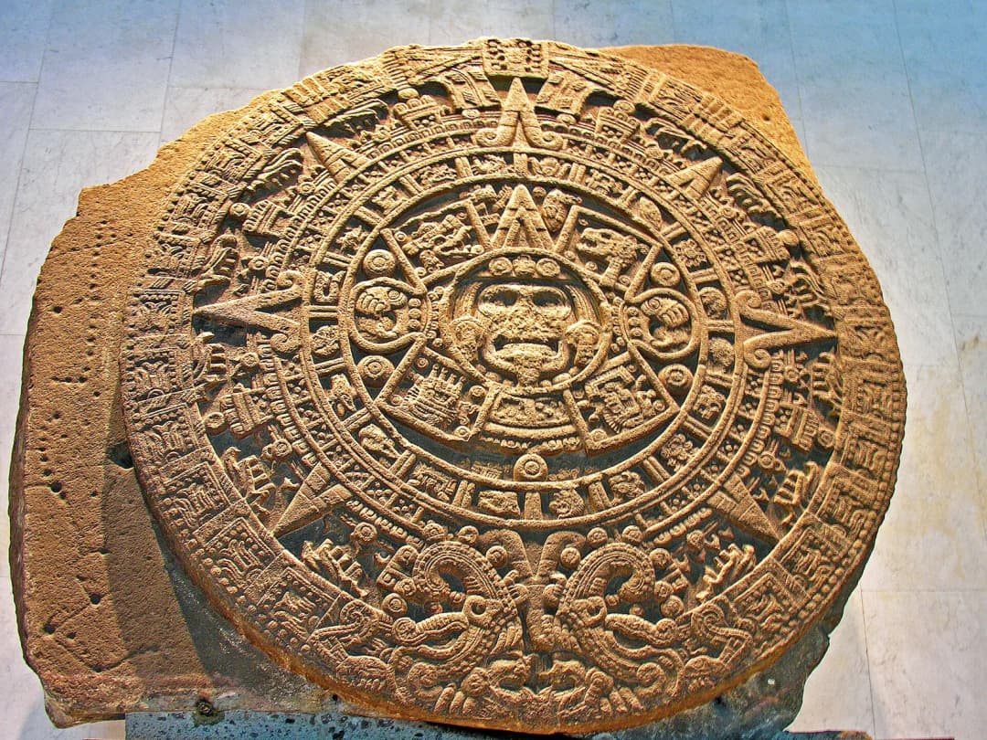 Aztec Calendar or Sun Stone was carved during the reign of the 6th Aztec monarch in 1479 and dedicated to the Aztec deity: the sun. It has both mythological and astronomical significance. It weighs 25