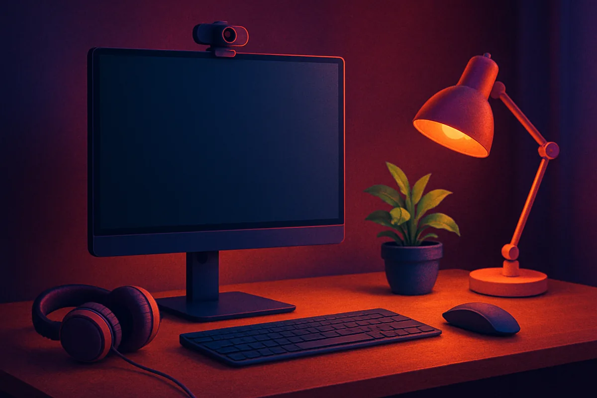 Düzenli bir ev ofisi masasında monitör, kablosuz klavye ve fare, web kamerası, kulaklık, masa lambası ve bitki